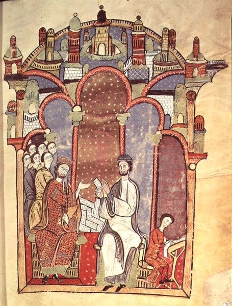 Fol.1r Hofscene med skrivere, fra Liber feudorum maior af Spanish School