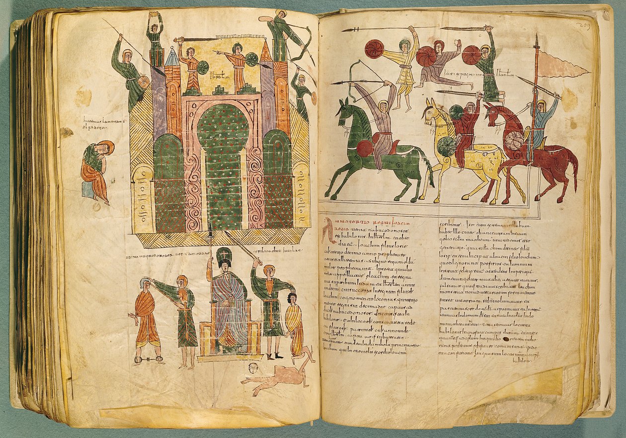 Fol.208 og 209v Angreb og indtagelse af Jerusalem af Nebukadnezzar, kopi af originalen skrevet af munken Beatus af Liebana i ca. 776, fra Commentary on the Apocalypse, (10. århundrede) af Spanish School