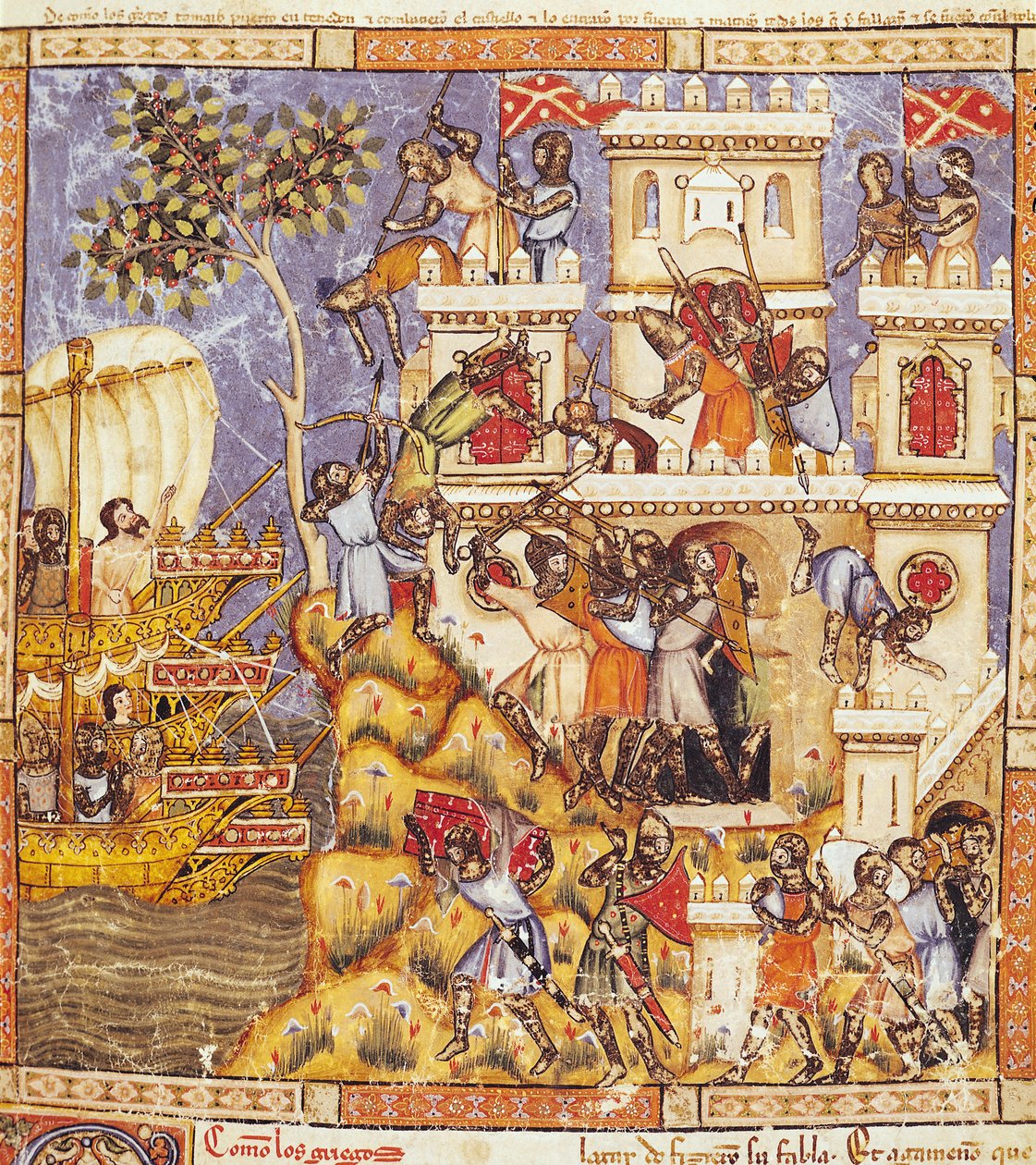 Fol.30r Grækernes landgang, belejringen af Tenedos-slottet og forsvarernes død, fra Codex Benito Santa Mora af Spanish School