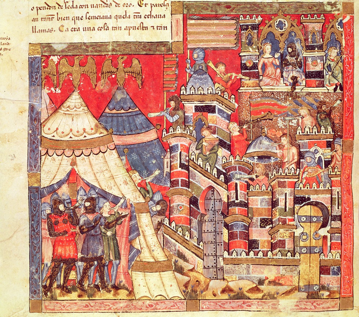 Fol.40v Den græske lejr og byen Troja, fra Codex Benito Santa Mora af Spanish School