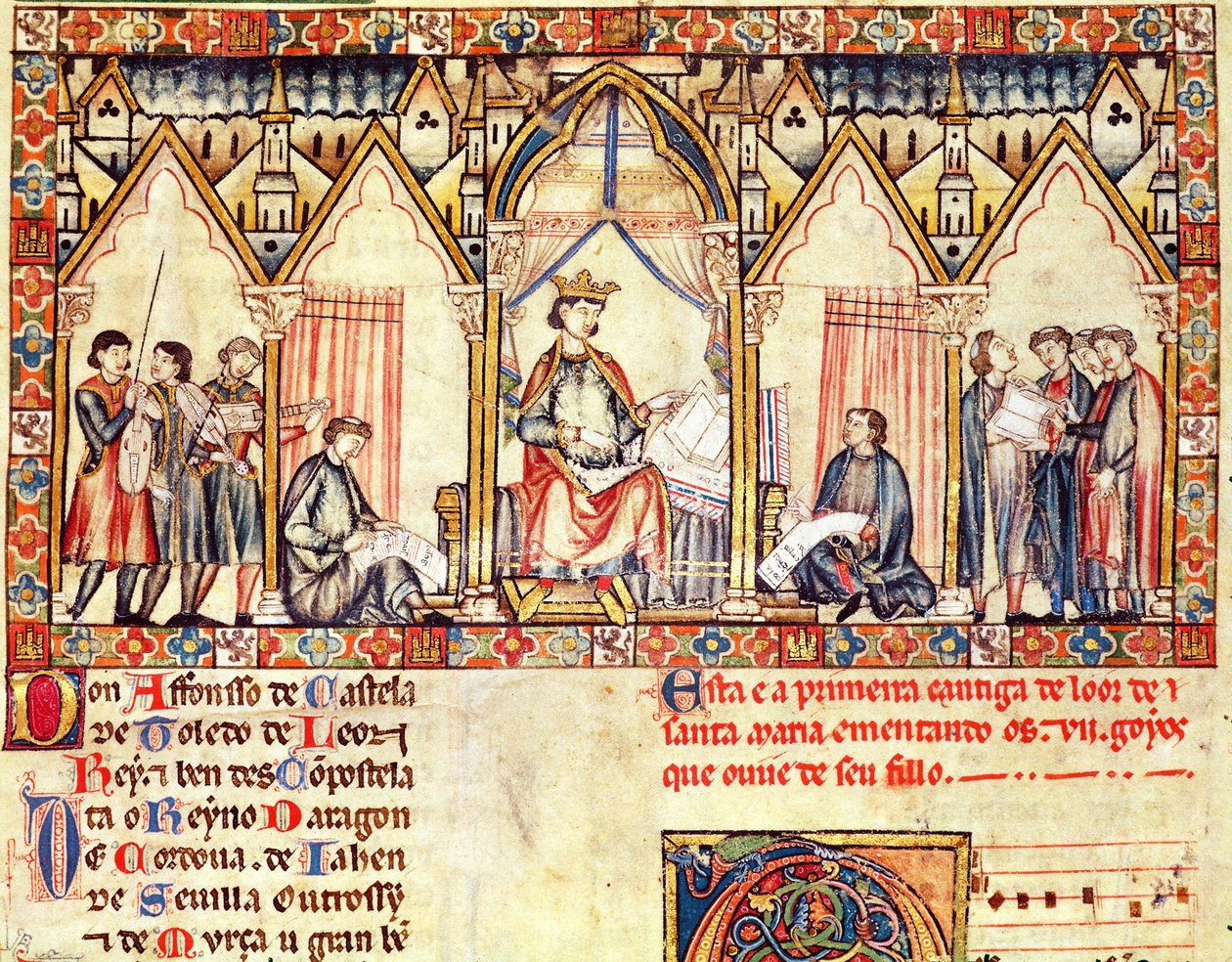 Fol.5r Hoffet til Alfonso X (1221-84) den Vise, konge af Castilla y Leon, miniature fra Cantigas de Santa Maria af Spanish School
