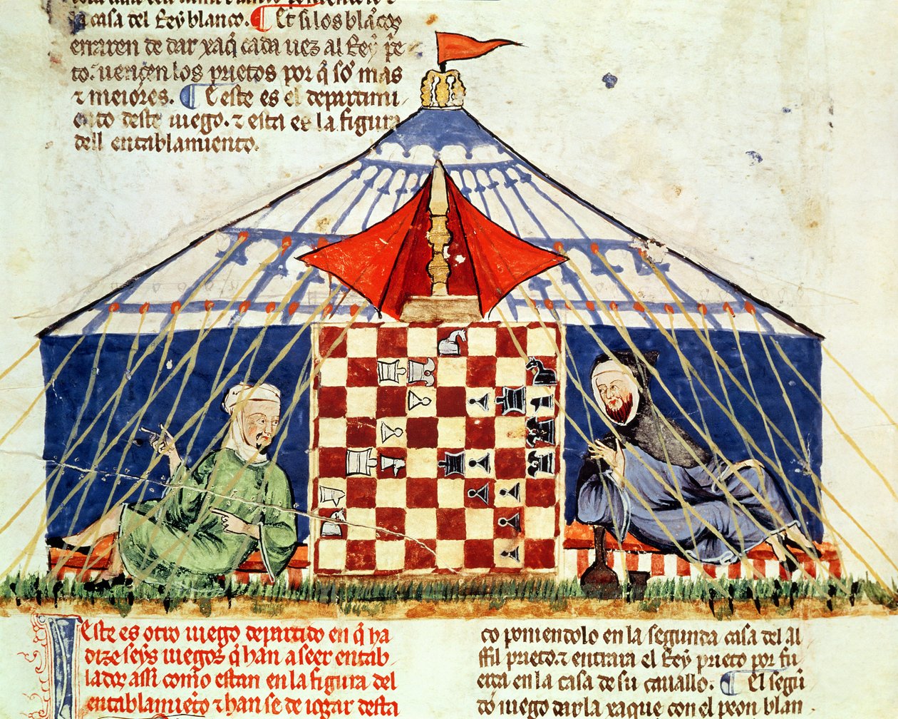 Fol.62v To arabere, der spiller skak i et telt, fra bogen om spil, skak, terninger og brædder, 1282 af Spanish School
