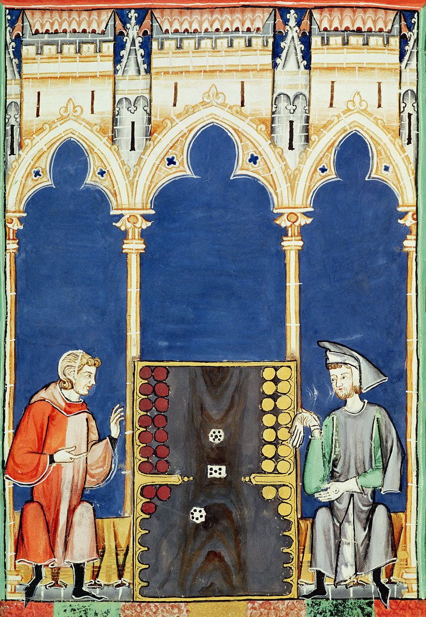 Fol.85v To backgammonspillere, fra bogen om spil, skak, terninger og brædder, 1282 af Spanish School