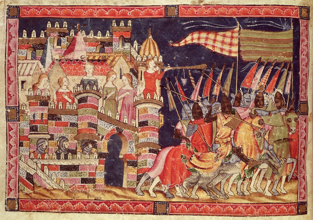 Fol.86v The Trojans Leaving for Battle, fra Codex Benito Santa Mora af Spanish School