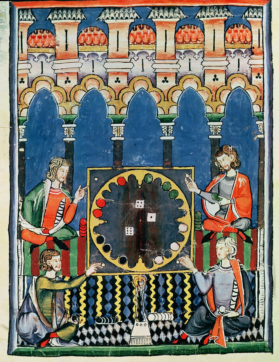 Fol.89v Fire arabiske backgammonspillere, fra bogen om spil, skak, terninger og brædder, 1282 af Spanish School