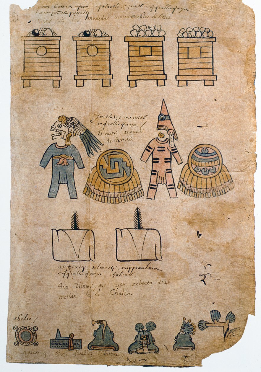 Folio 45 Side fra Codex Mendoza med illustrationer af den hyldest, der blev betalt til det aztekiske imperium af erobrede folk, ca. 1541-42 af Spanish School