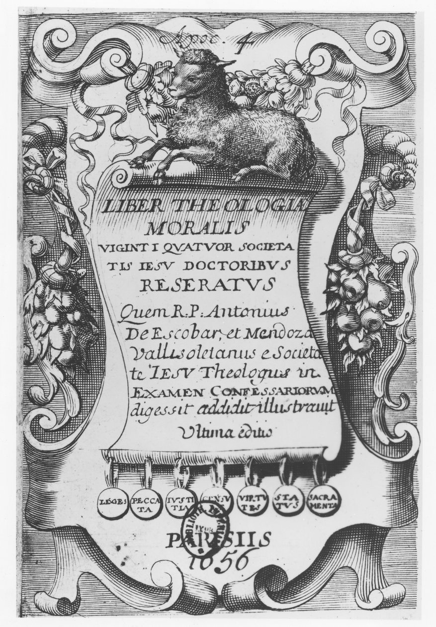 Frontispice for Liber Theologiae Moralis, af Antonio Escobar y Mendoza, 1656 af Spanish School