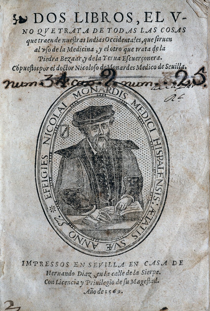 Frontispice, med portrættet af Nicolas Monardes (1493-1588) af en medicinbog fra øerne i det spanske Caribien og brug af bezoard (anti-gift). Værk af Nicolas Monardes, udgave 1569, af Hernando Diaz, i Sevilla. Universitetsbiblioteket i af Spanish School