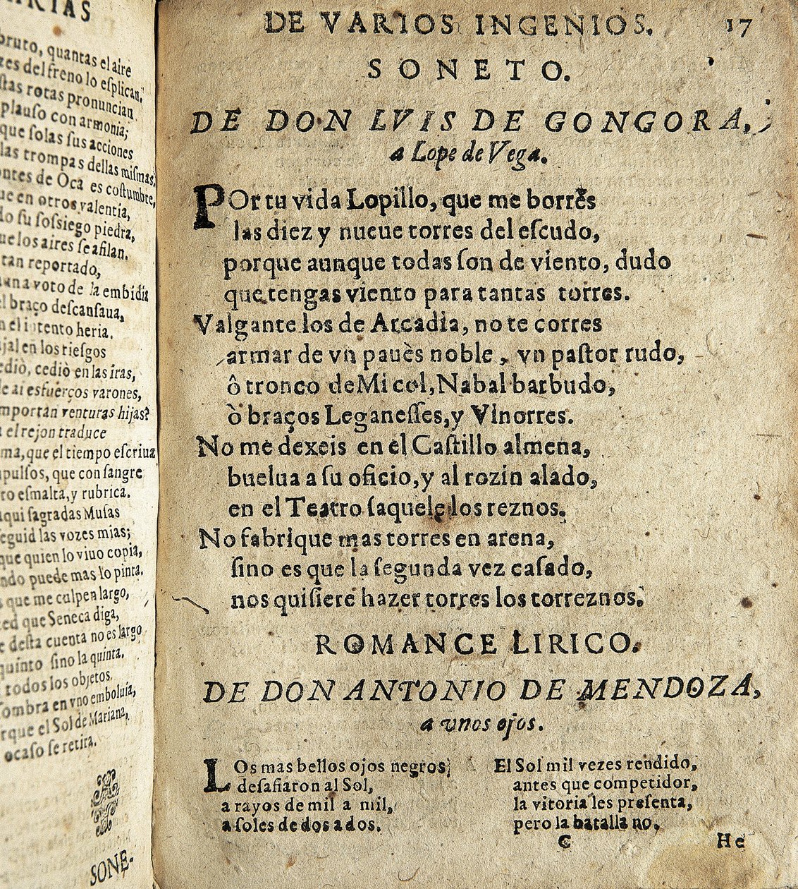 GOGOORA Y ARGOTE, Luis de (1561-1627). Spansk digter fra det gyldne århundrede; VEGA CARPIO, Felix Lope de (1562-1635). Soneto a Lope de Vega" (Sonet til Lope de Vega), digt inkluderet i "Poesias varias de grandes ingenios espanoles", samling lavet af Ios af Spanish School