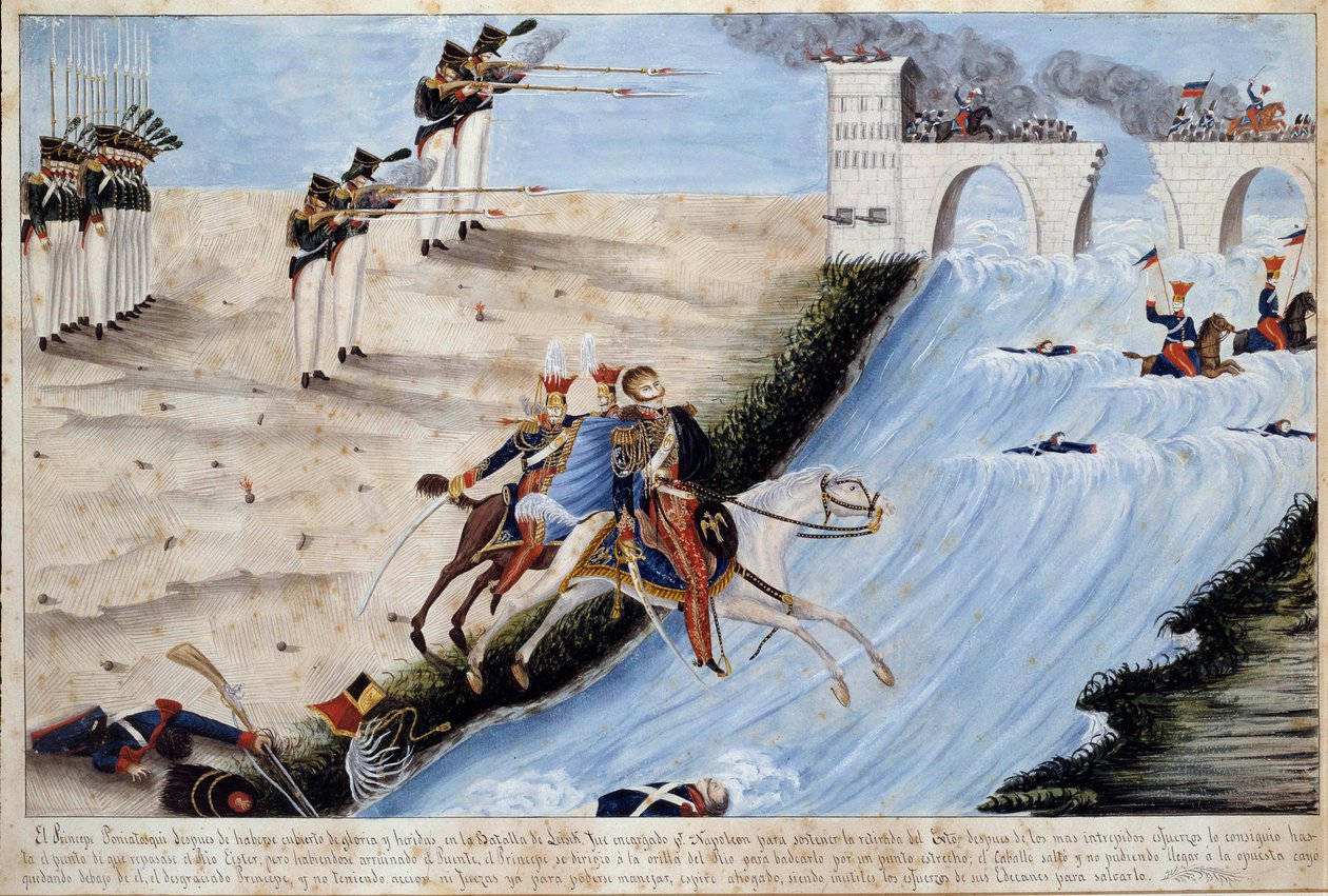 General Joseph (Jozef) Antoni Poniatowski (1763-1813) drukner, mens han forsøger at passere Elther i slaget ved Leipzig (Nationsslaget) for at undgå at blive fanget af de allierede i oktober 1813 Akvarel af den spanske skole - 1813 Ile d