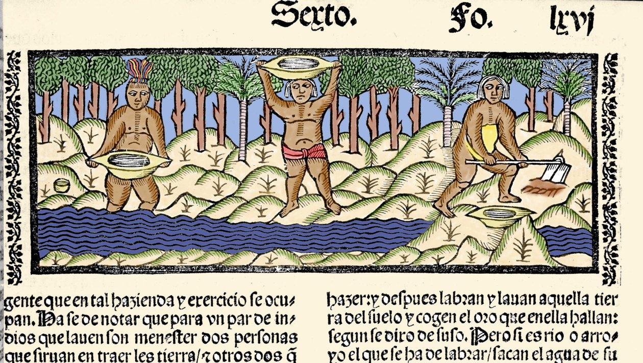 Guldminedrift: oprindelige folk sigter floden på jagt efter guld. Indgravering fra bogen "General history of the Indias, islands and continent of the ocean sea"" af Gonzalo Fernandez de Oviedo (Gonzalo) eller Fernandez de, ou Hernandez de Oviedo y Valdes ( af Spanish School
