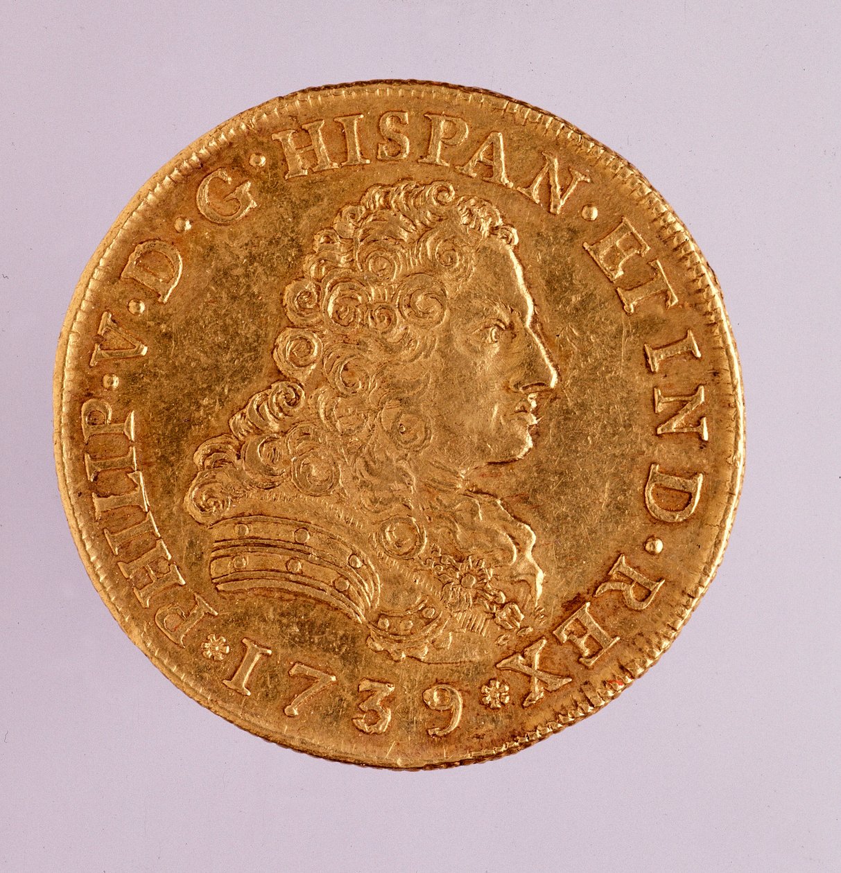 Guldmønt (8 ecu) fra Spanien: Filips (Filippo eller Philippe) V (1700-1746) regeringstid. 1739 Diam. 3,6 cm Napoli, museo archeologico af Spanish School