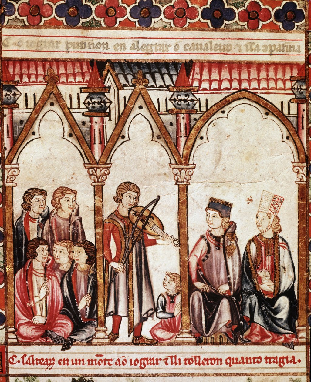 Gruppe af trubadurer, illustration fra “” Cantigas de Santa Maria”””, lavet under ledelse af Alfonso X (“Den vise”) konge af Castilien og Leon (1221-84) - Kongens hof og musikerne. miniature fra et manuskript af Sangen Marias sang (Cantig af Spanish School