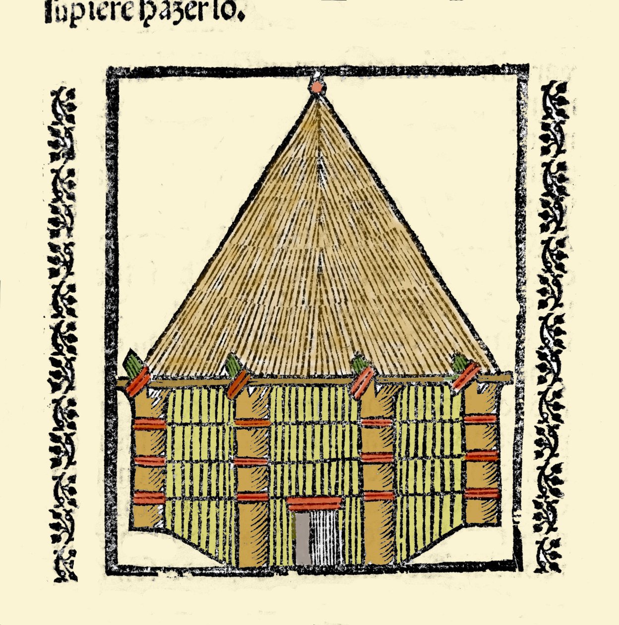 Habitat: beskrivelse af Cabane des Indigenes Caraibes. Indgravering fra bogen "General history of the Indias, islands and continent of the ocean sea"" af Gonzalo Fernandez de Oviedo (Gonzalo) eller Fernandez de, ou Hernandez de Oviedo y Valdes (1478-1557) af Spanish School