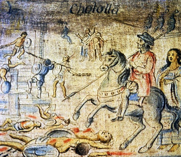 Hernan Cortes rider over de døde efter slaget ved Cholula med Dona Marina, hans elskerinde og tolk bagved (farve litho) af Spanish School