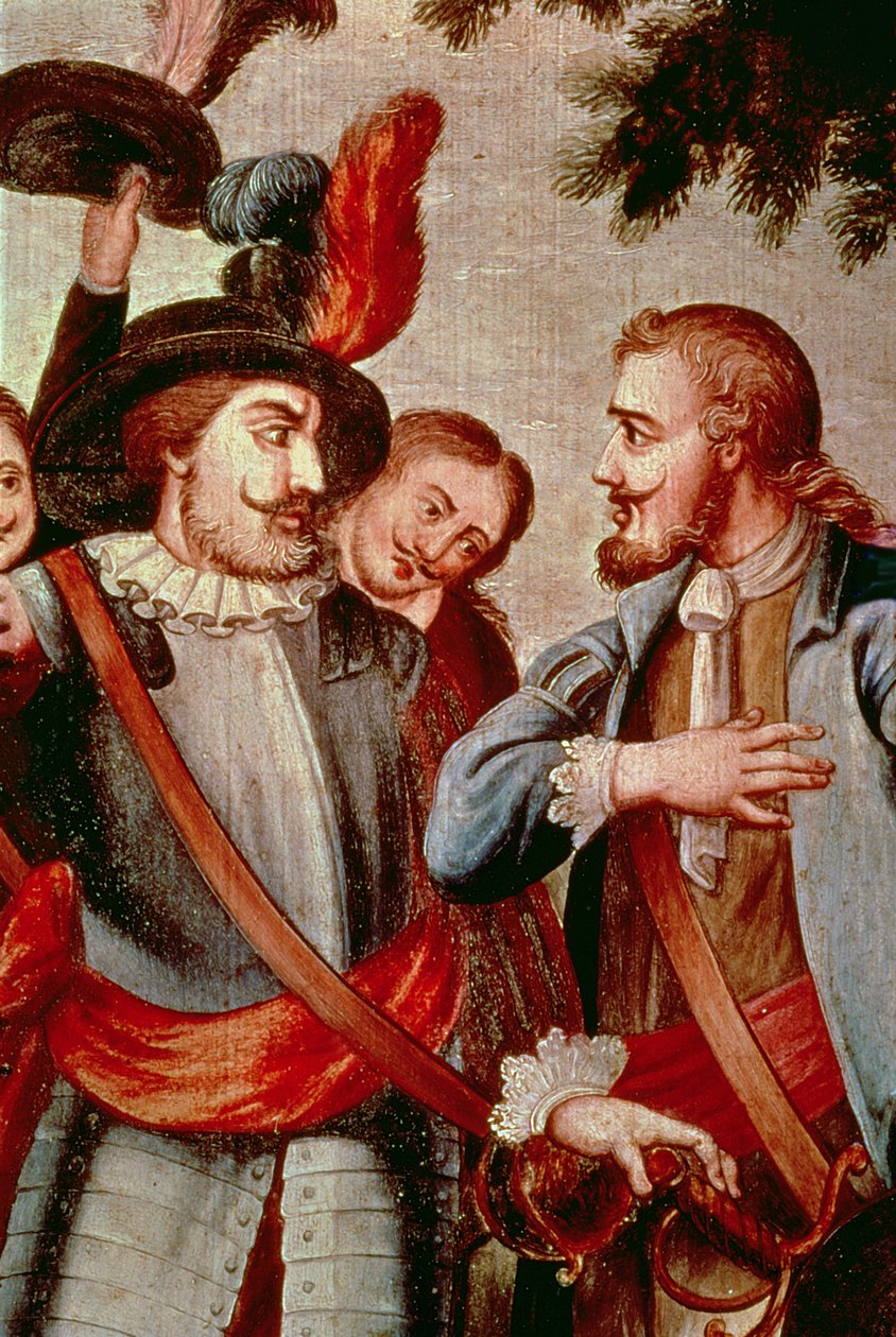 Hernando Cortes (1485-1547) og Diego di Velasquez (1465-1524) (olie på lærred) (detalje) (se 113574) af Spanish School