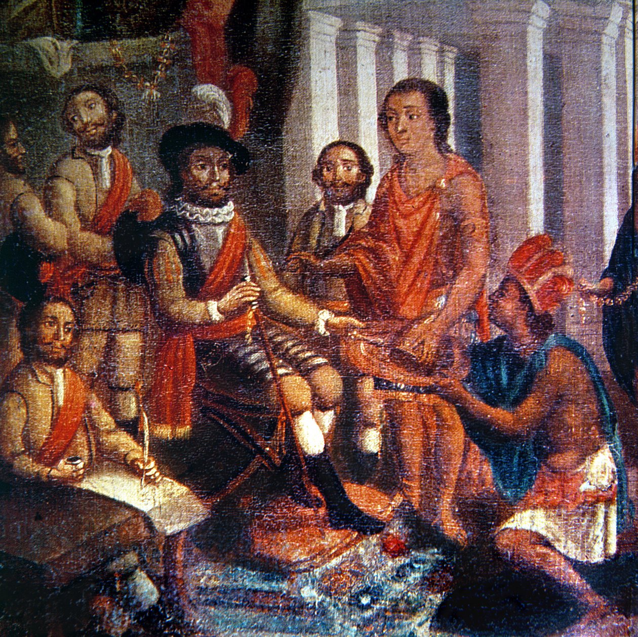 Hernando Cortes (1485-1547) modtager aztekernes hyldest (olie på lærred) af Spanish School