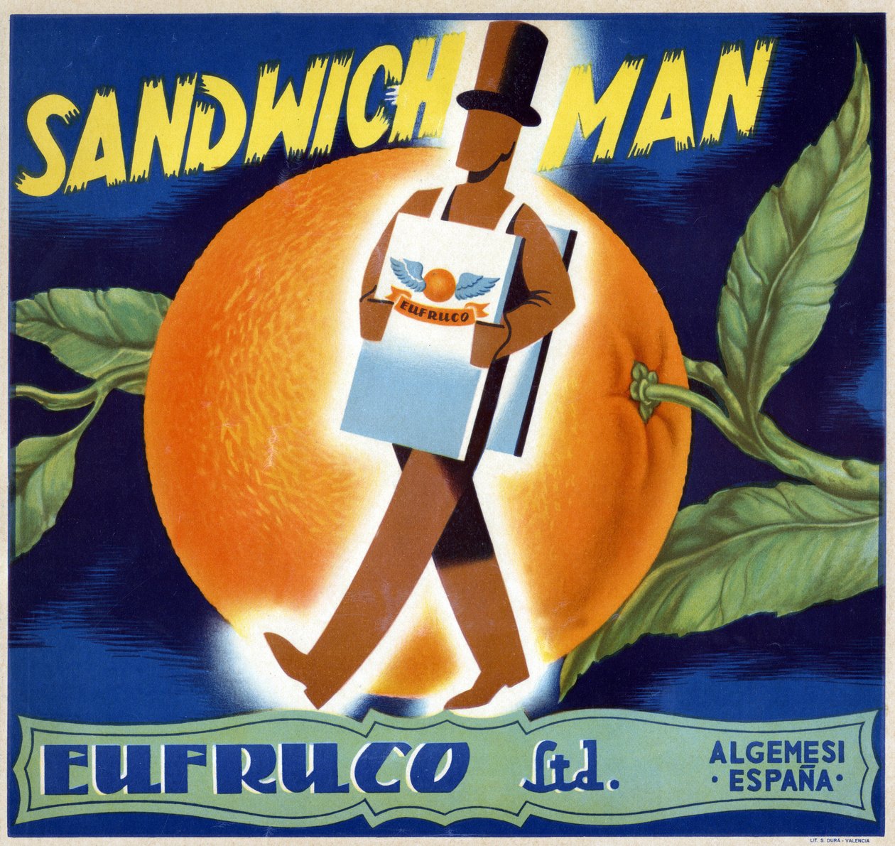 Illustration af en "mand-sandwich". Etiket til appelsiner "" Eufruco"", Valencia, 20. århundrede. af Spanish School