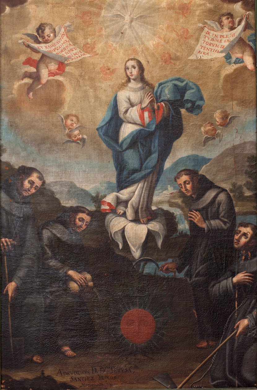 Ulastelig undfangelse med gartneriske franciskanere. Korets oprindelse. Signeret forneden til venstre "ADEVOZION DE DA TERESA, Sanchez Yepros?". 1700-tallet. Juan Sánchez. af Spanish School