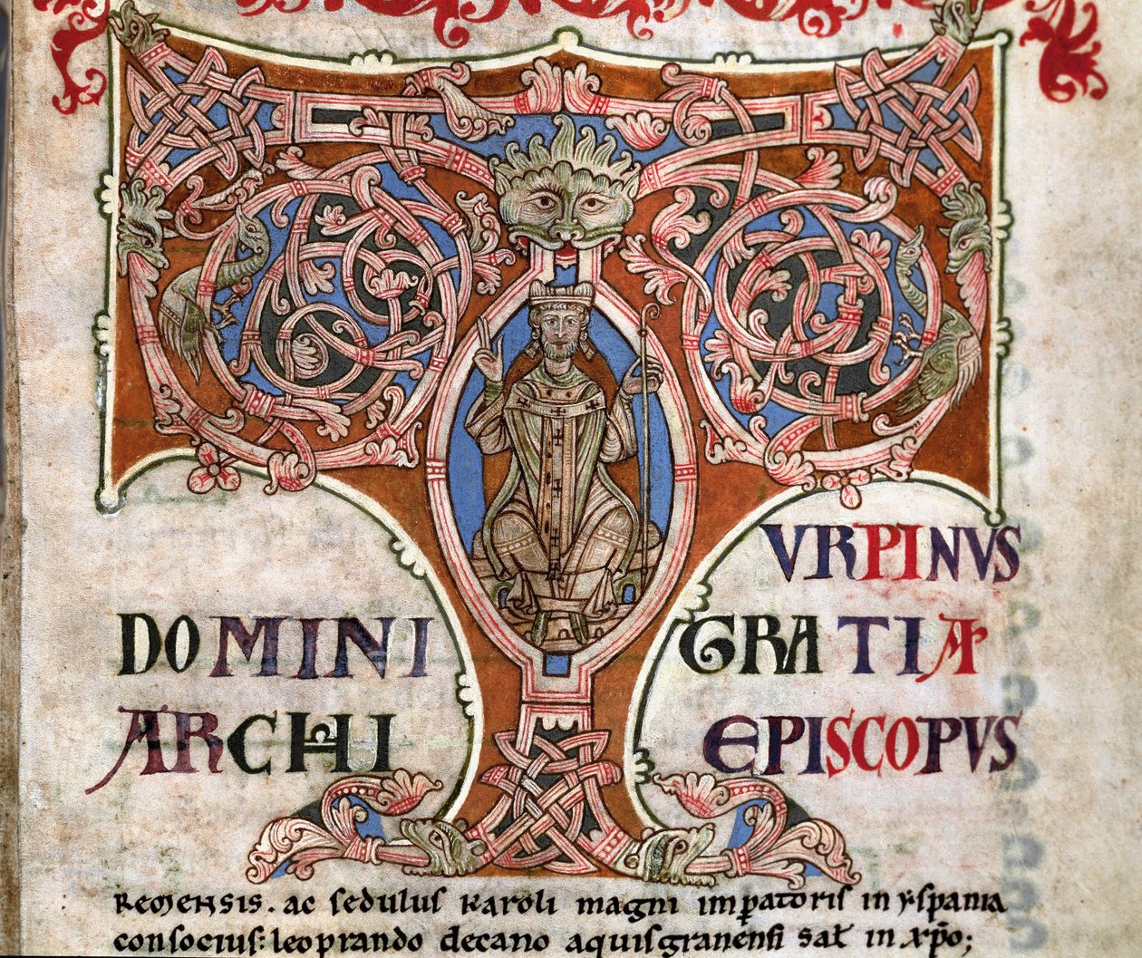 Bogstav T med en afbildning af Karl den Store, illustration fra Codex Calixtinus, ca. 1140 af Spanish School