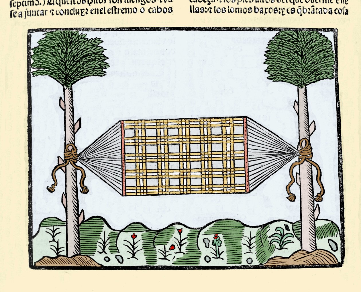 Opfindelsen af hængekøjen: denne opfindelse revolutionerede livet for sømænd ombord på skibe. De sov før på det våde dæk. Indgravering fra bogen "Historia general de las Indias, islas y tierra firme del mar oceano"" af Gonzalo Fernandez de Oviedo (Gonz af Spanish School