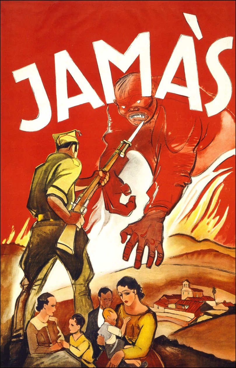 Jamàs ("Aldrig"), plakat offentliggjort under den spanske krig, der viser en soldat, der beskytter spanske familier. Mellem 1936 og 1939. af Spanish School