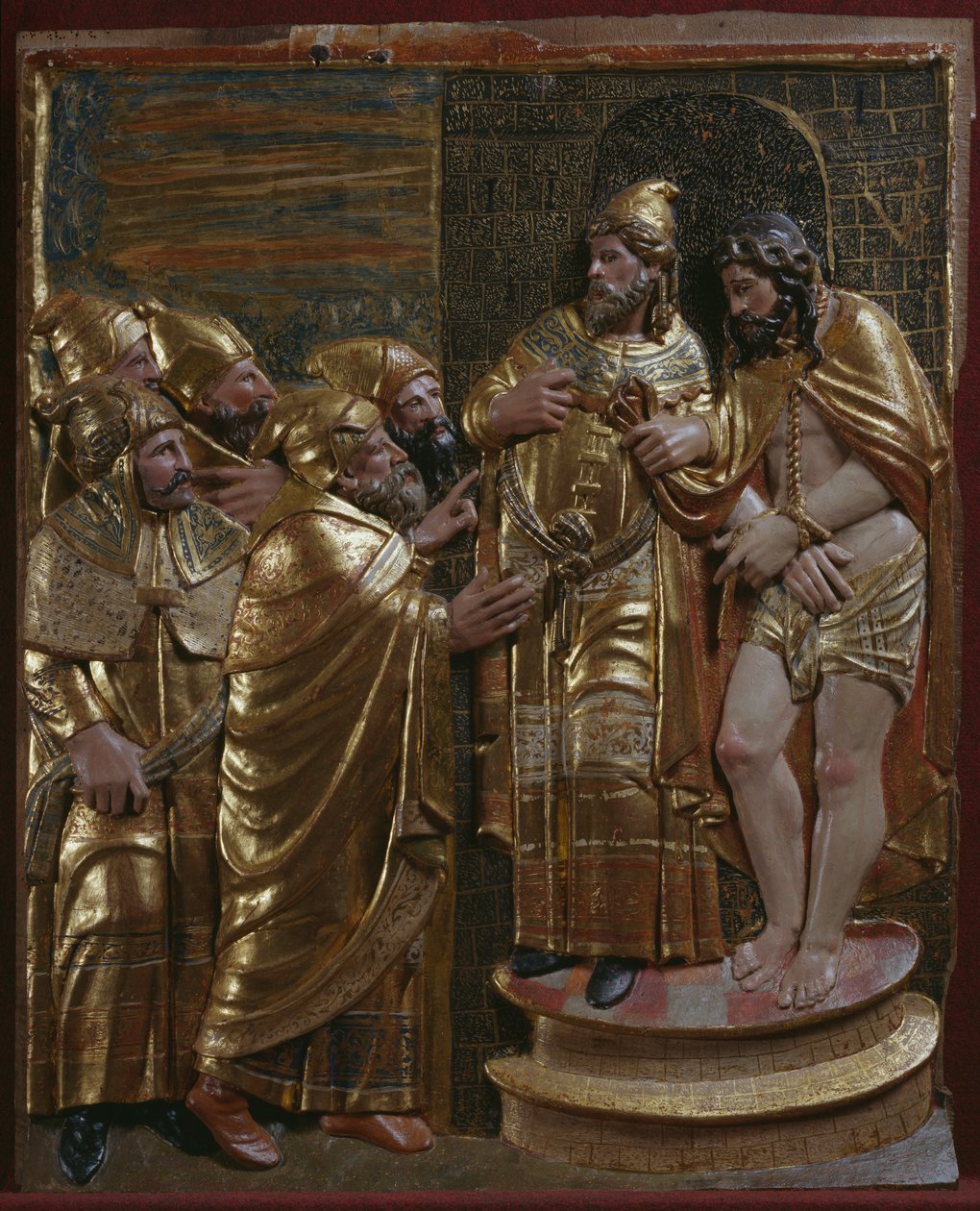 Jesus foran Kajfas, detalje af en renæssancealtertavle (malet og forgyldt træ) af Spanish School