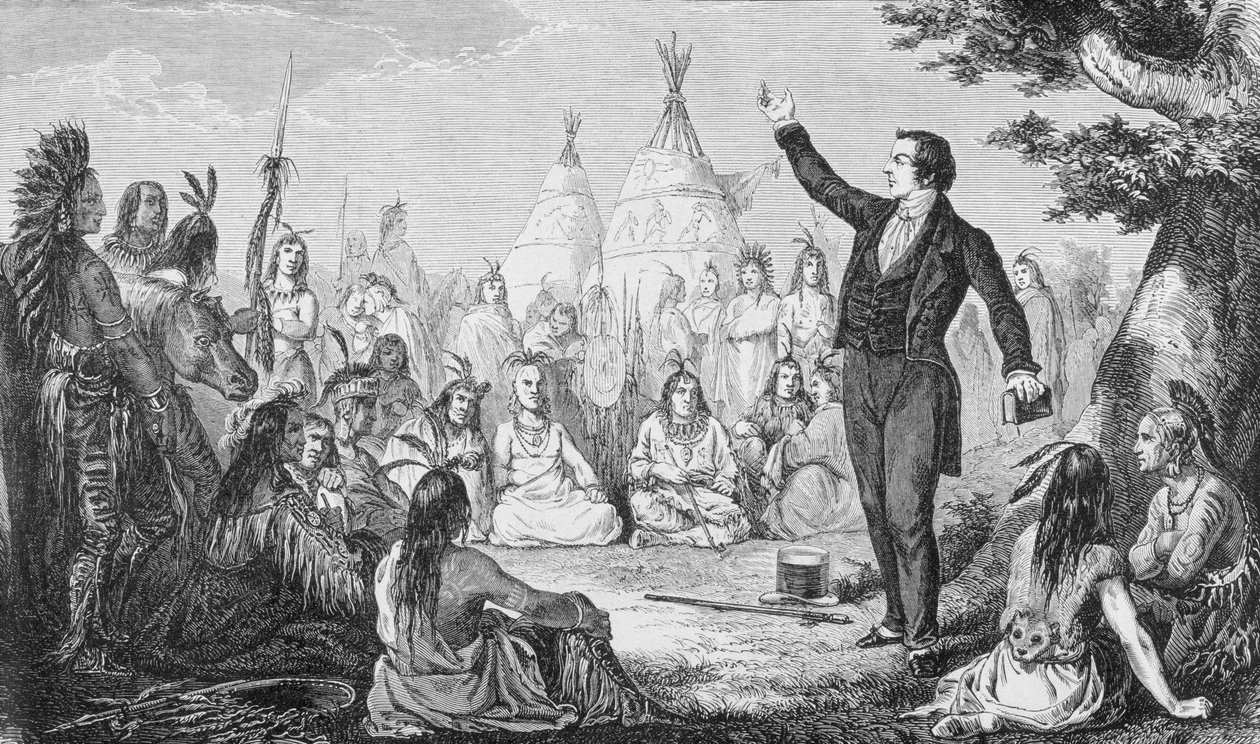 Joseph Smith, grundlægger af mormonkirken, prædiker for indianere, fra 