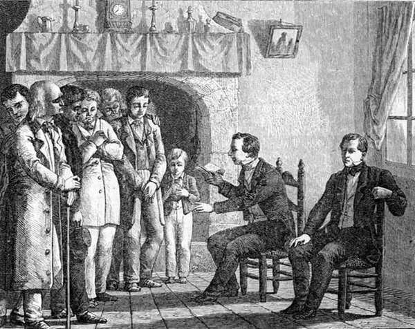 Joseph Smith, grundlægger af mormonkirken, læser fra Mormons Bog til tidlige mormonomvendte, fra 