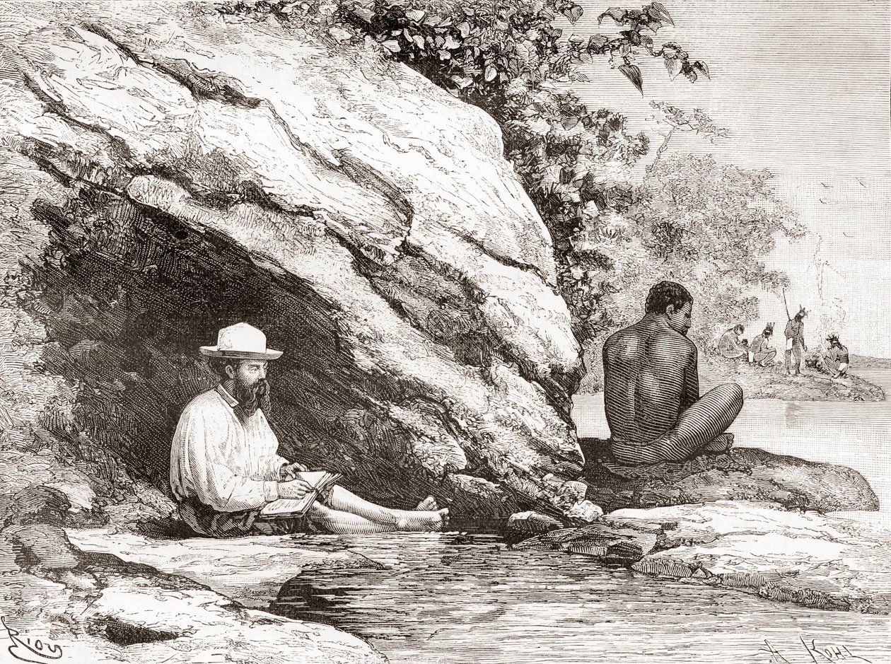 Jules Crevaux, under sin udforskning af Fransk Guyana i 1878, i skyggen af en klippe på bredden af Oyapock- eller Oiapoque-floden af Spanish School