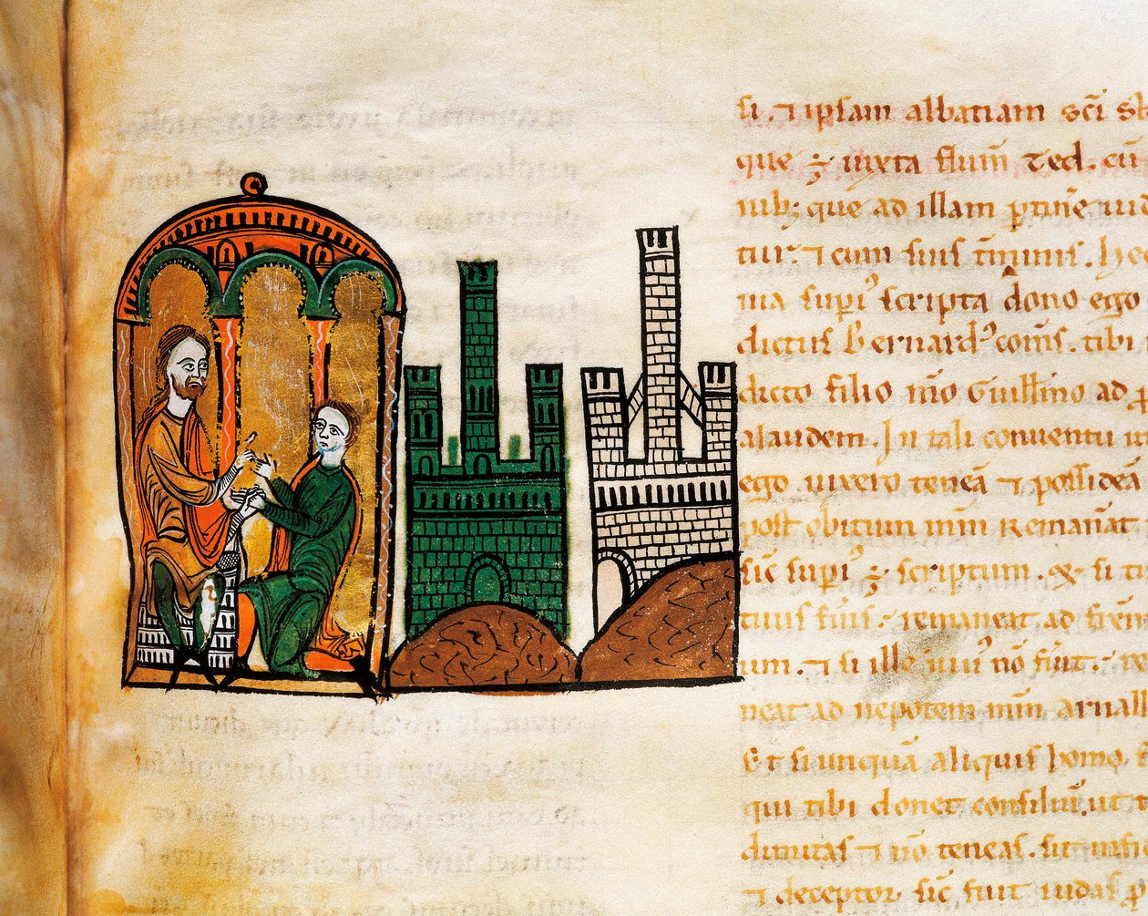 Kong Alfonso II af Aragon modtager en hofmand, fra manuskriptet "Liber Feudorum Maior" af Spanish School