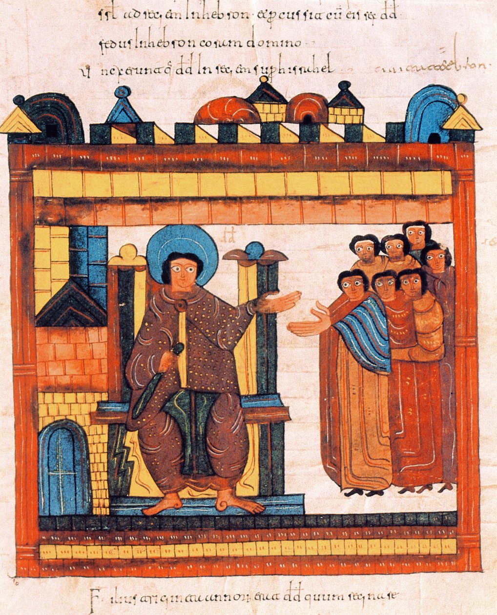 Kong David sad på sin trone og omgivet af sit hof, fra St. Isidores visigotisk-mozarabiske bibel, fol.126r., 960 e.Kr. (tempera på vellum) af Spanish School