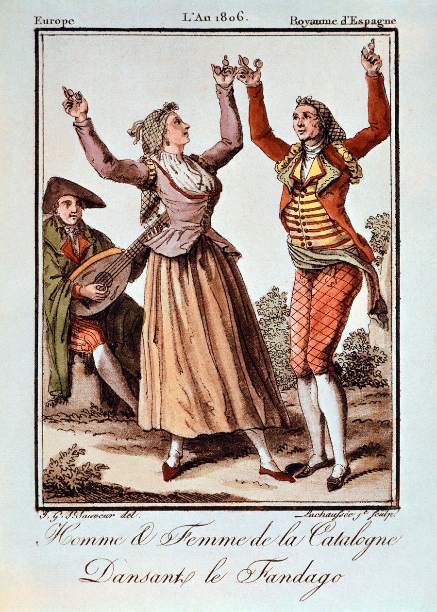 Mand og kvinde fra Catalonien danser Fandango, Europa, Spanien af Spanish School