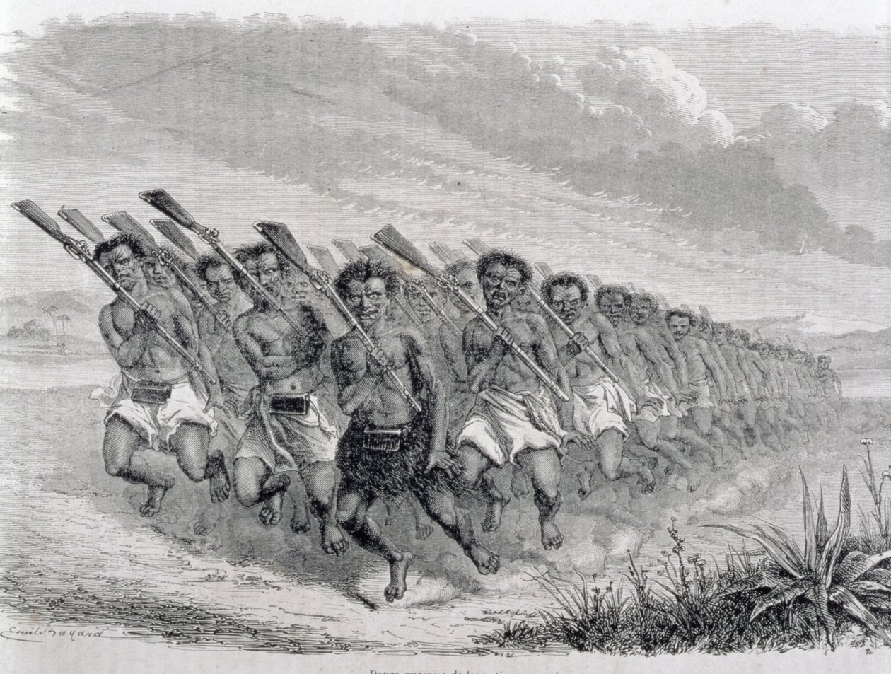 Maori Warriors Performing a War Dance, illustration fra 
