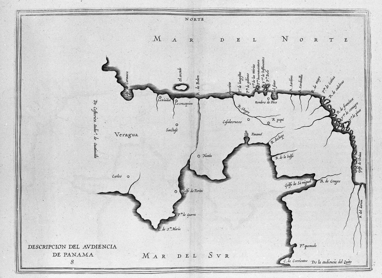 Kort over Mellemamerika (Panama) fra et spansk bind af rejser fra begyndelsen af det 17. århundrede. Kortet er orienteret på den antikke tilstand (nordøst til øst), og Atlanterhavet kaldes Nordsøen og Stillehavets sydhav. af Spanish School