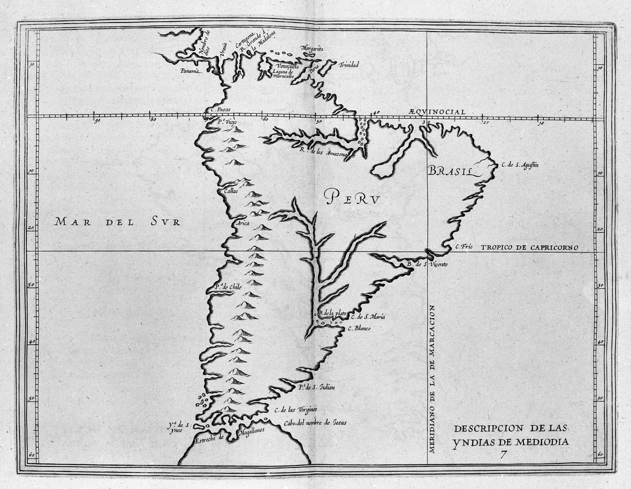 Kort over Meridionale America (Sydamerika eller Latinamerika) fra et spansk bind af rejser fra begyndelsen af det 17. århundrede. Stillehavet kaldes Sydhavet og landene i Peru og Brasilien er navngivet samt ækvatorlinjen og af Spanish School