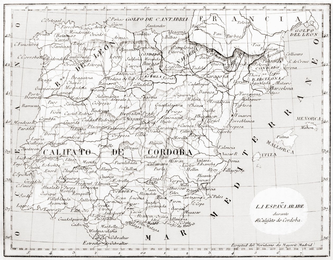 Kort over Spanien, der viser Kalifatet Cordoba af Spanish School