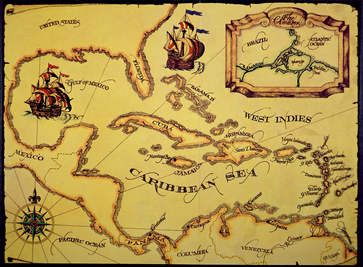 Kort over den spanske Main (farve litho) af Spanish School