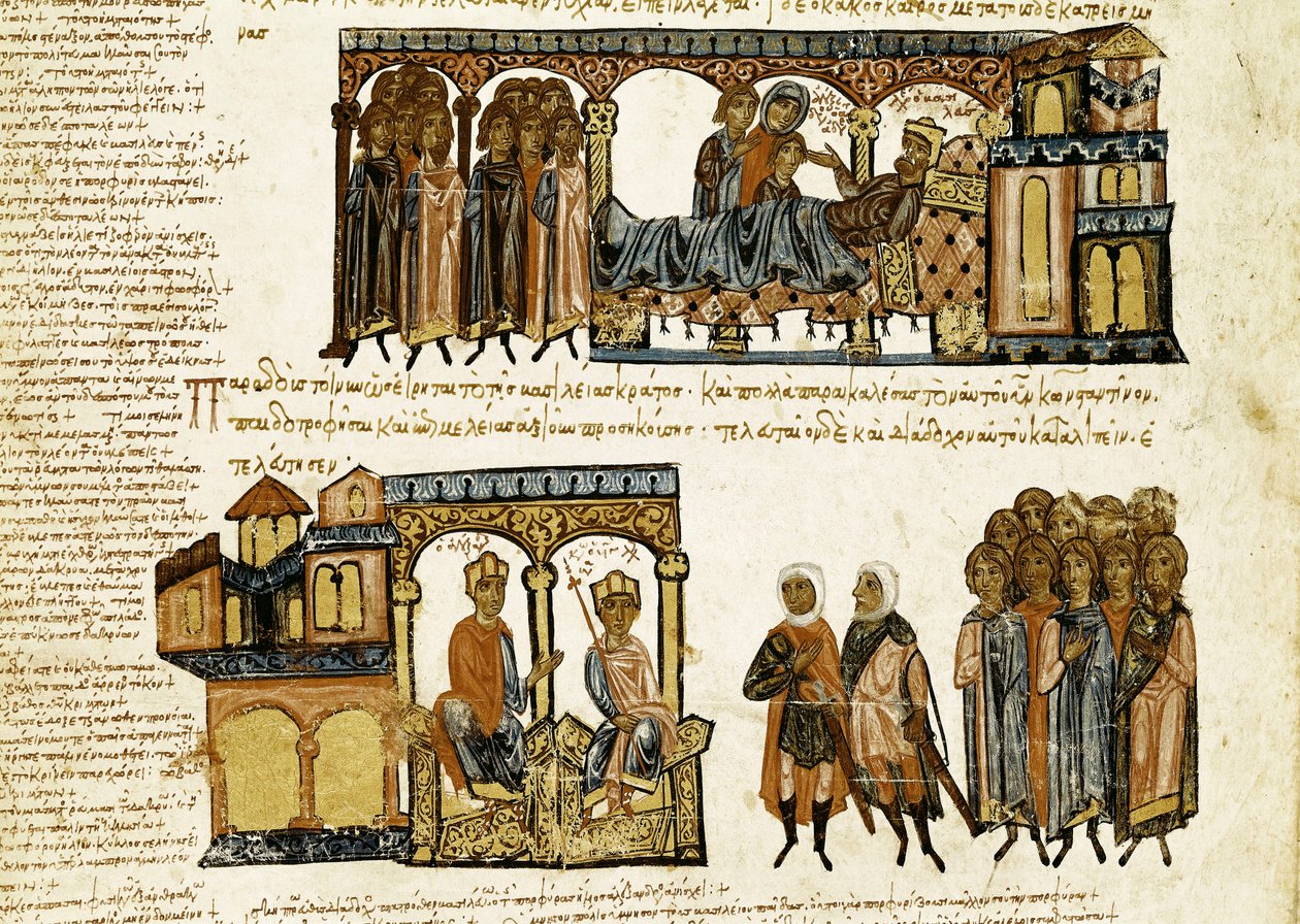 Miniature fra "Synopsis historiarum" eller "Byzantine Chronicles" (Historier om de byzantinske konger og begivenheder fra 811 til 1057) af John (Johannes eller John) Scylitza (eller Skylitzes eller Scylitzae) (11.-12. århundrede) af Spanish School