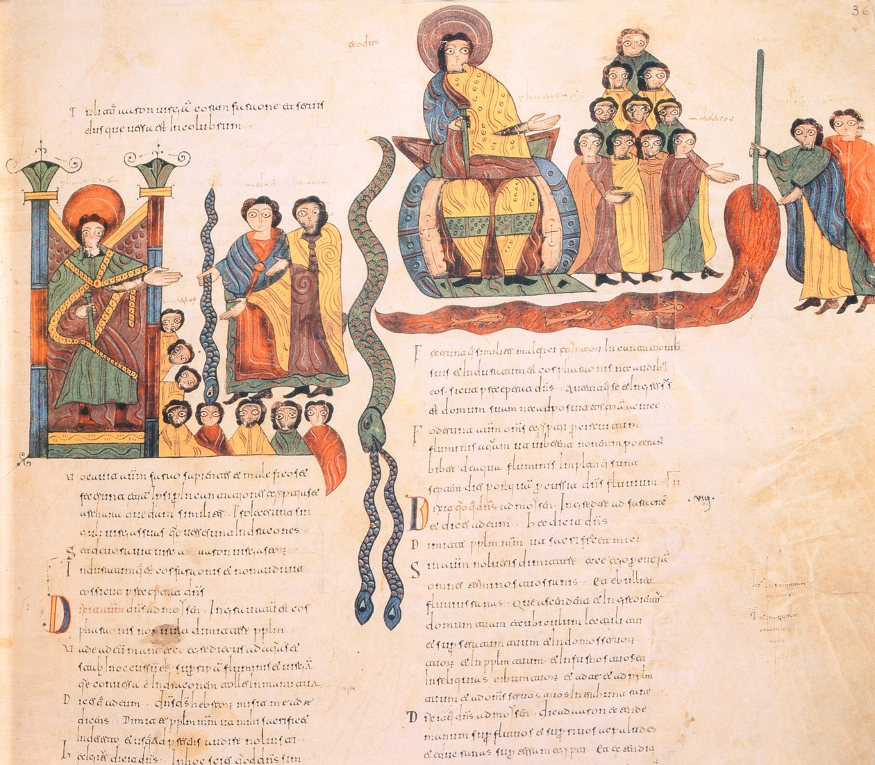 Moses og Aron foran faraoen, Moses med slangen og skabte en af Egyptens plager ved med sin stav at forvandle Nilens vand til blod, fra den vestgotisk-mozarabiske bibl. af Spanish School