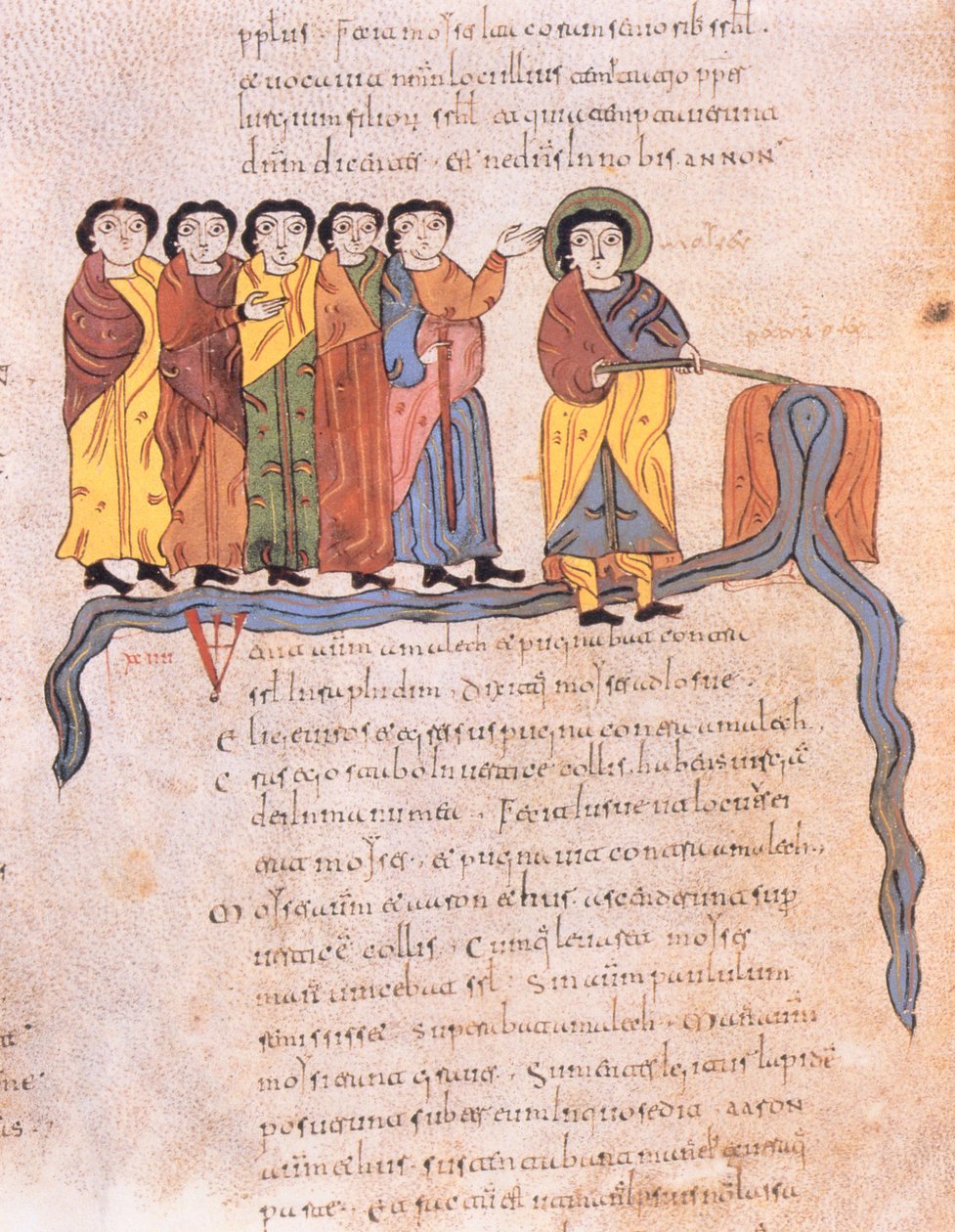 Moses får vandet til at strømme fra klipperne ved Horeb, 2. Mosebog 17 1-7, fra St. Isidores visigotisk-mozarabiske bibel, fol.40v., A.D. 960 (tempera på vellum) af Spanish School