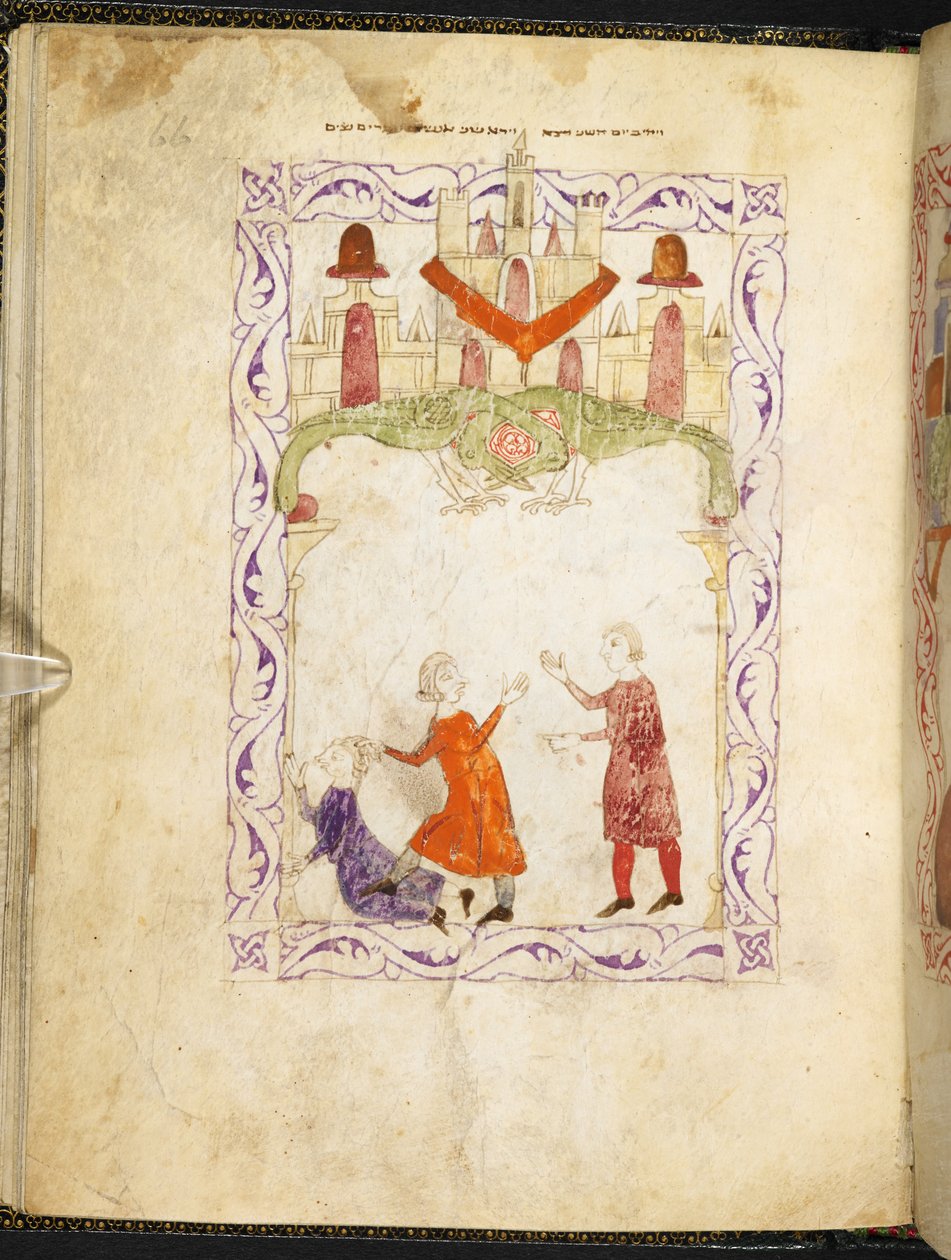 Moses bebrejdede to skændende israelitter, Moses i Egypten, fra Hispano-Moresque Haggadah, MS Or 2737, f.66r, f.1275-1324 (vellum) af Spanish School