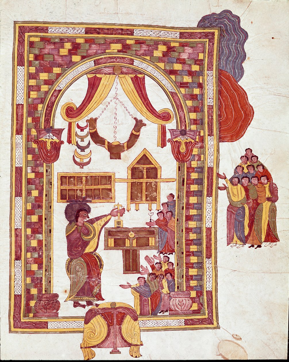 Mozarabisk kunst: "" Jerusalems tempel, Aron er repræsenteret som en ypperstepræst foran et alter." Miniature fra en mozarabisk bibel. 10. århundrede. Leon. Bibliotek for Royal Collegiale of Saint Isidore. Spanien af Spanish School