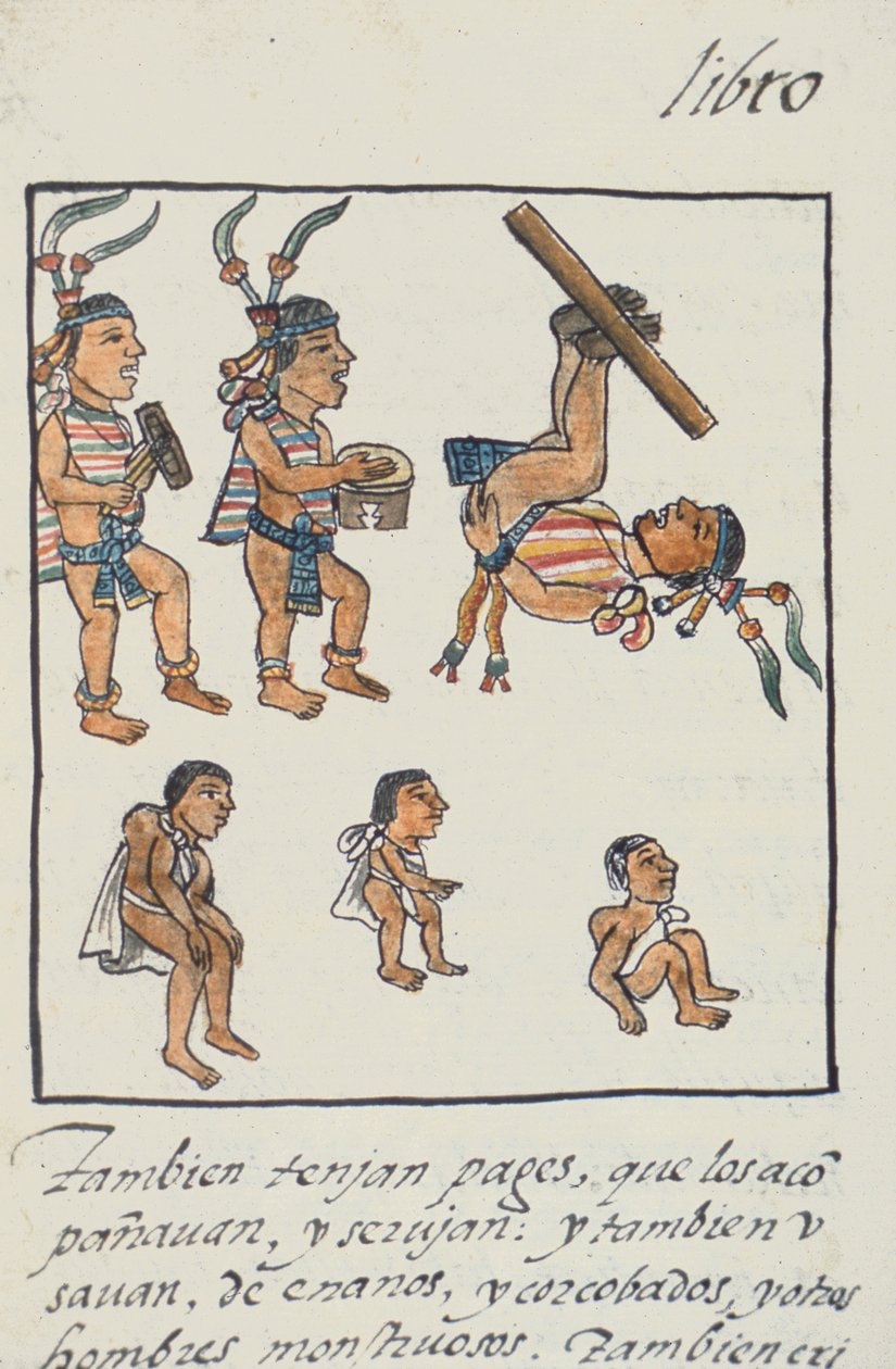 Fru Palat. 218-220 Bog IX Aztec entertainere, musikere, jonglører og pukkelrygge, fra den florentinske Codex af Bernardino de Sahagun, ca. 1540-85 af Spanish School