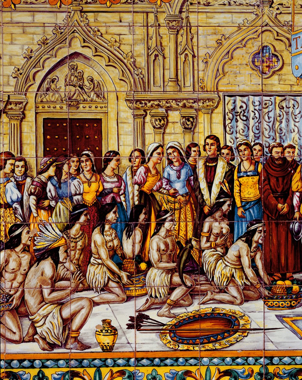 Indfødte amerikanere bragte følget af Columbus til Spanien i 1492 (keramik) af Spanish School