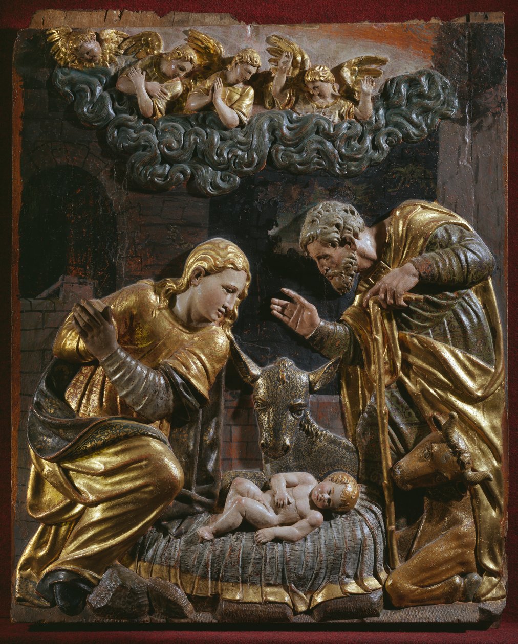 Nativity, detalje af en renæssancealtertavle (malet og forgyldt træ) af Spanish School