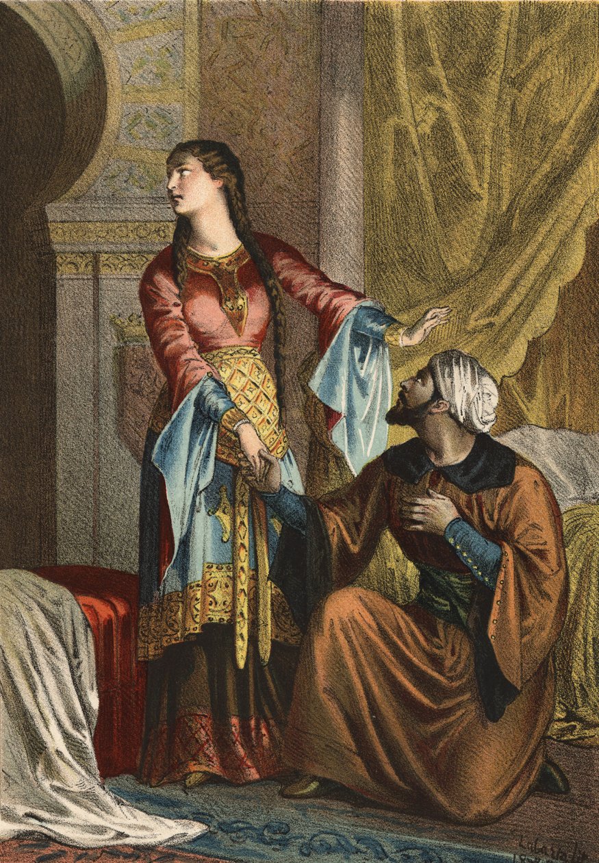 Omar, muslimsk prins, afgiver en kærlighedserklæring til Sancha Ona, grevinde af Castilien. i "The Cult of Beauty"" af Juan Justo Huguet, Molinas Hermanos redaktører af Spanish School