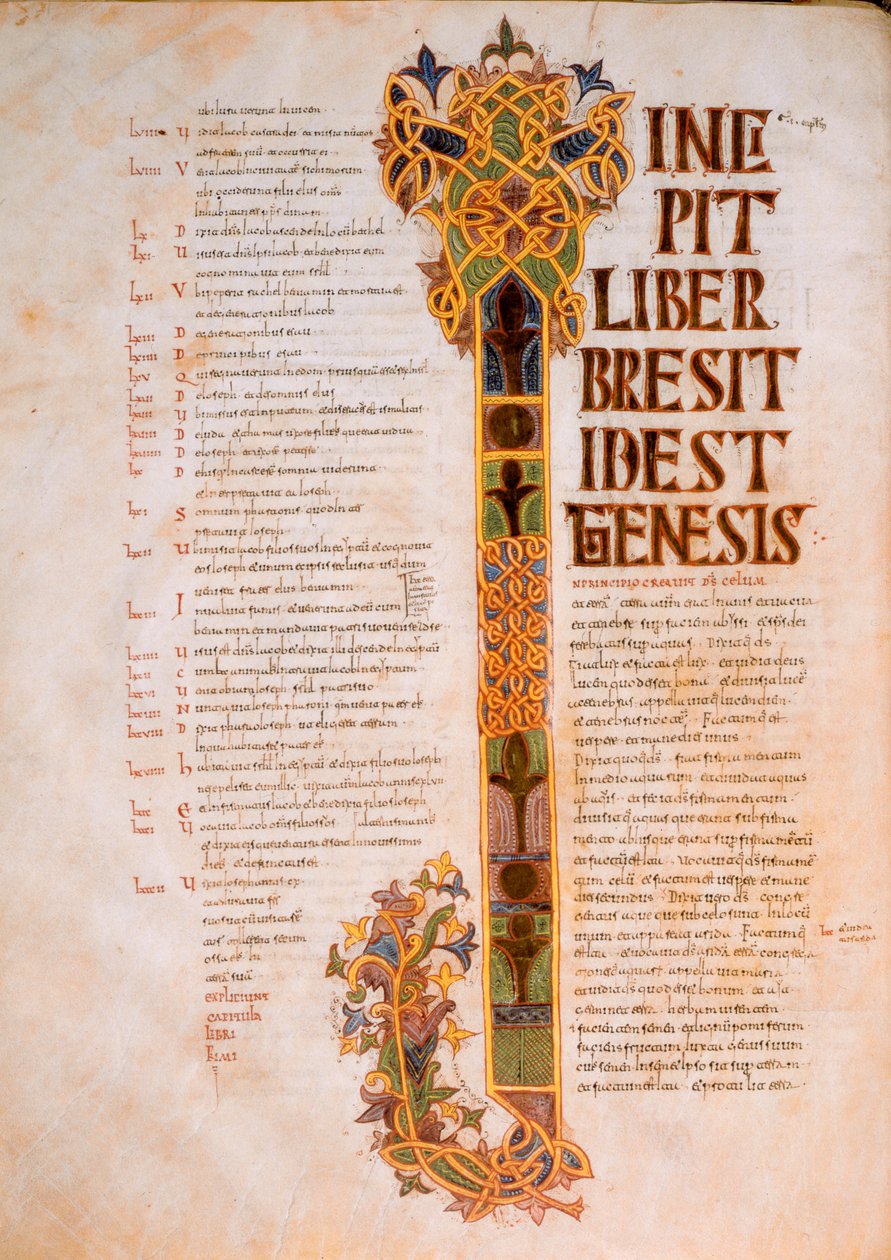 Første side af Første Mosebog med stort I fra begyndelsen af Bibelen, In Principio creavit Deus caelum, fra St. Isidores visigotisk-mozarabiske bibel, fol.14v., A.D. 960 (tempera o af Spanish School