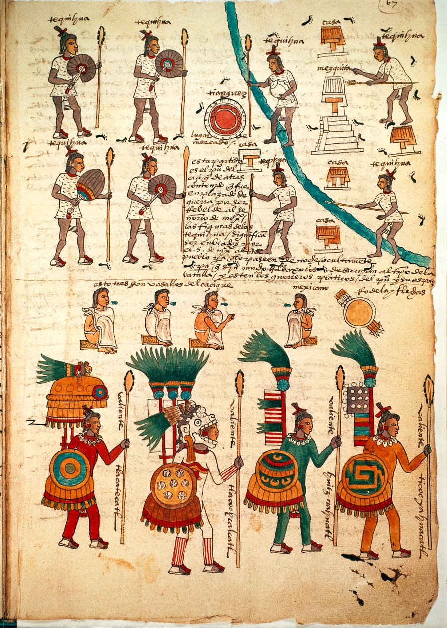 Side fra Codex Mendoza, der viser aztekiske krigere bevæbnet med spyd og skjolde, ca. 1541-42 (pen og blæk på papir) af Spanish School