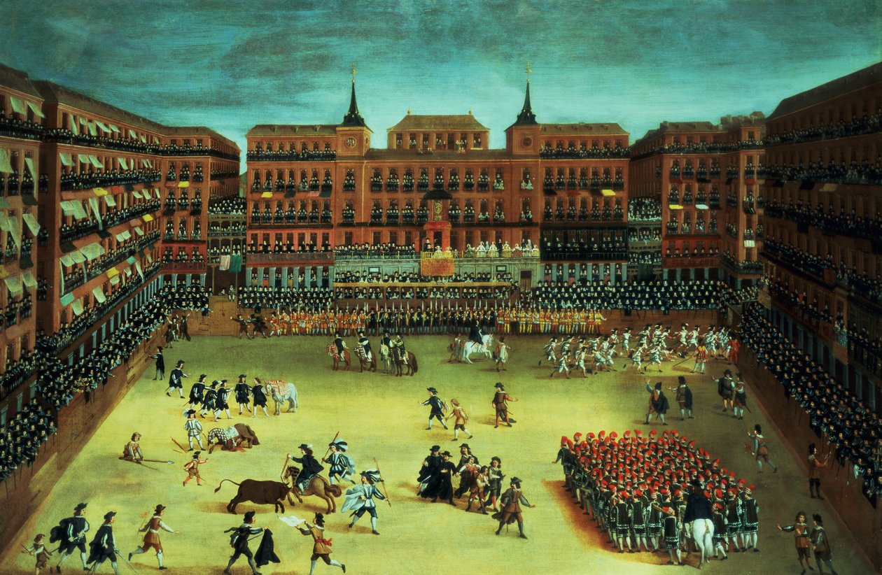 Panorama af en fiesta på Plaza Mayor i Madrid af Spanish School